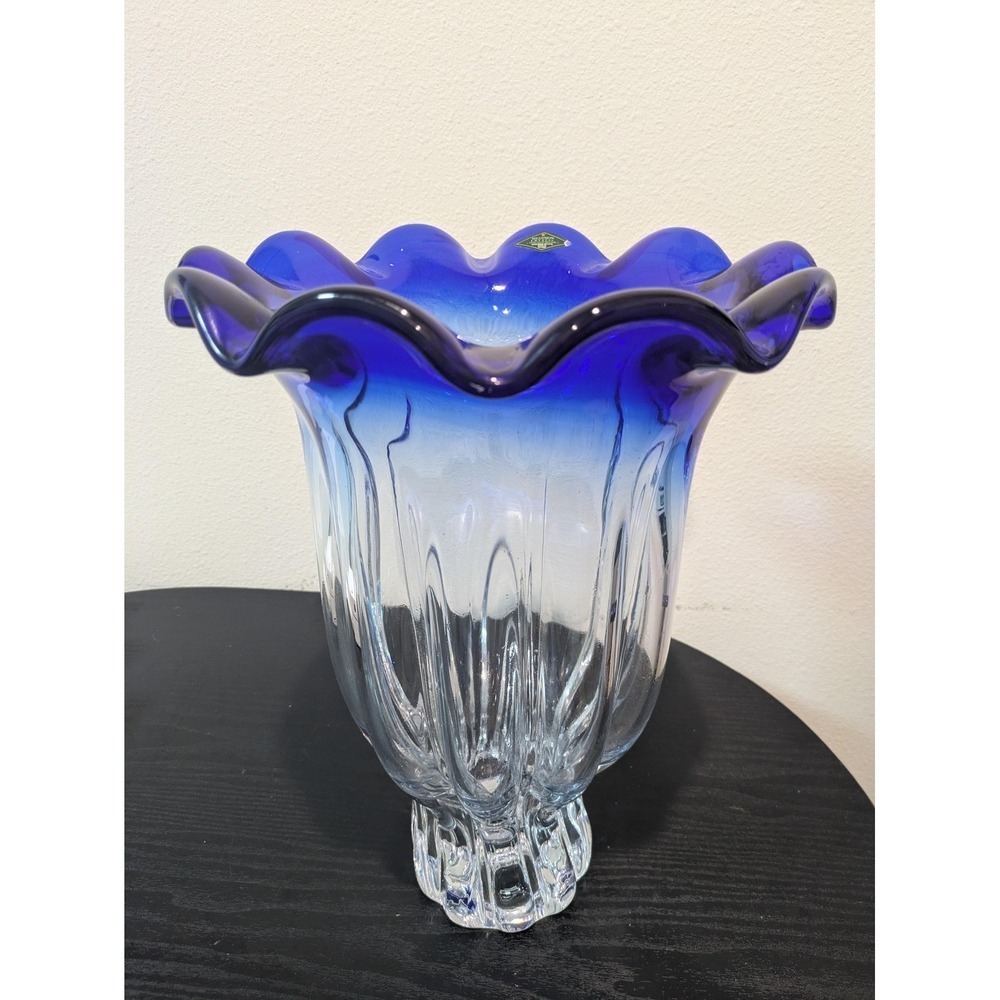 Shannon Crystal Blue Ribbed Crystal Vase Ruffled Rim Designs Of Ireland Decor